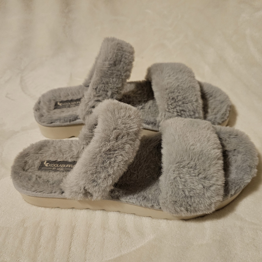 Koolaburra UGG Double Strap Slide Sandals Slipper Wild Dove Gray Faux Fur